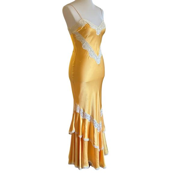 Vintage 80s Old Hollywood Jenny Dobell Marigold Silk Gown & Robe Set, Lace Sz 8 - Picture 7 of 12